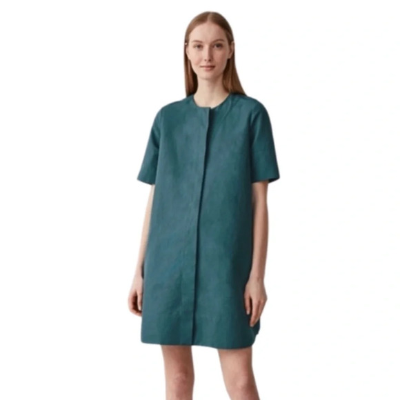 COS Cotton Linen A-Line Shirt Dress Mini Teal Blue Size 4 Minimalist Classic - Picture 1 of 6